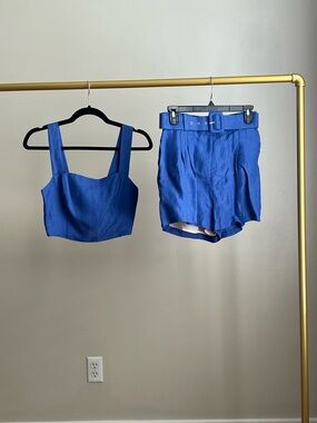 Vibrant Blue Cropped Tank Top & High-Waist Belted Linen Shorts Set
